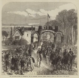 Die Freiwilligenüberprüfung in Portsmouth, die 1. Middlesex Artillerie durchquert Cosham am Karfreitag